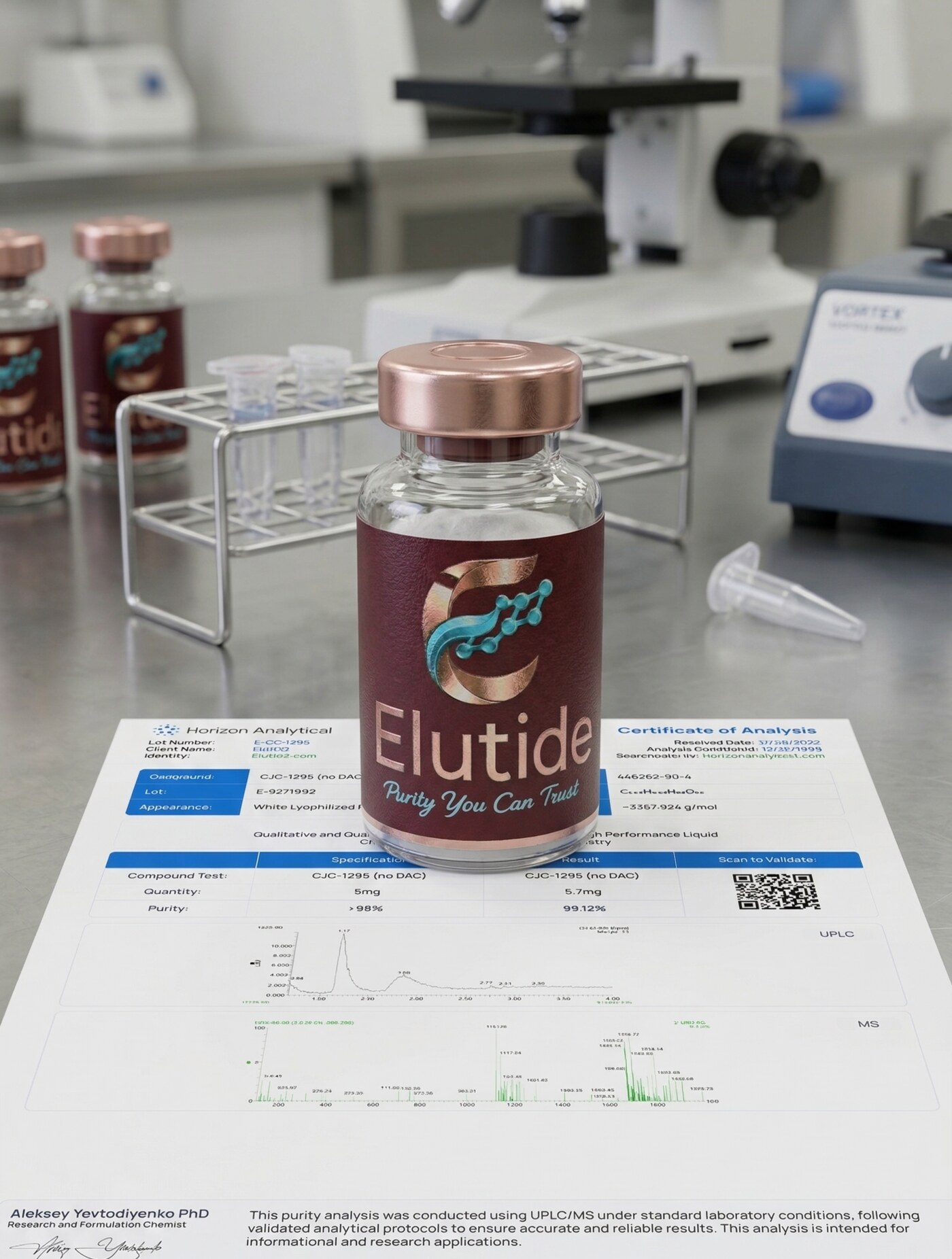 Elutide vial with Certificate of Analysis