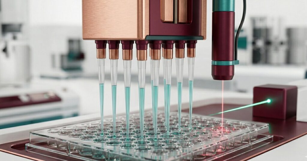 Multi-channel pipette performing endotoxin testing on well plate with laser analysis