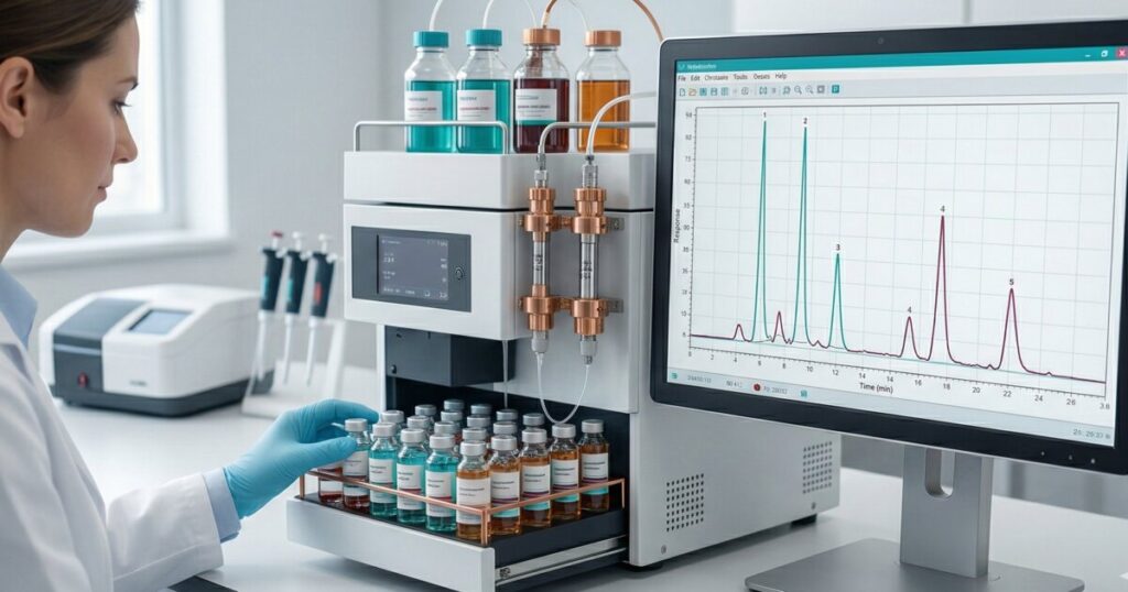 HPLC chromatography machine analyzing peptide vial purity