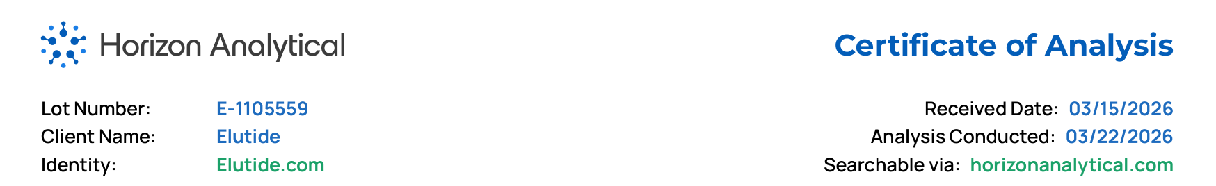 COA Header -- Horizon Analytical laboratory identification, lot number, and testing dates
