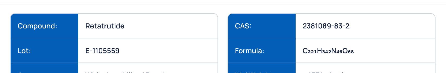 COA Compound Identity section -- compound name, lot number, CAS number, molecular formula
