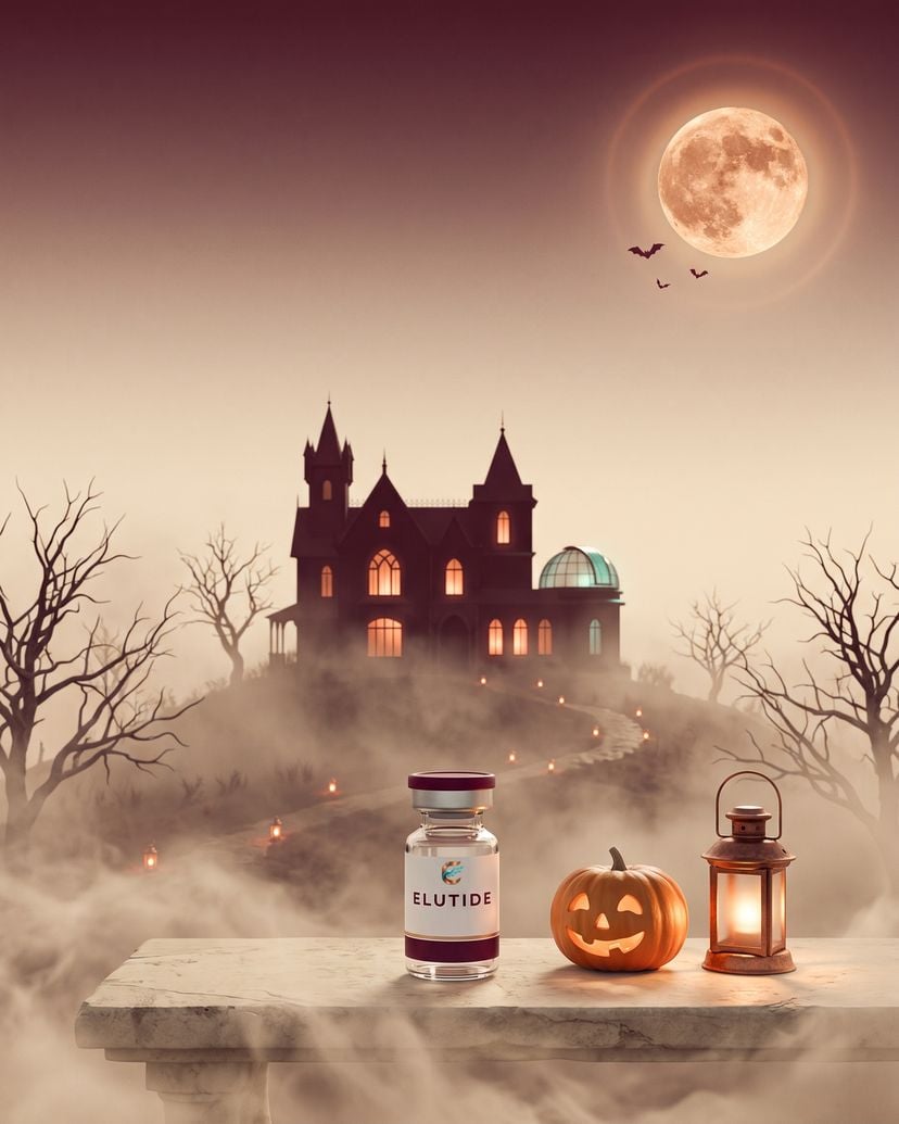 A gothic manor on a misty hill under a copper moon, with a sealed research vial, a carved pumpkin and a copper lantern on a stone bench.