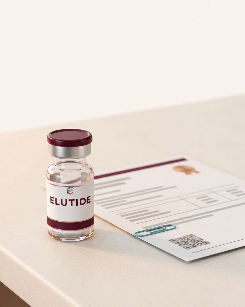 A sealed research vial beside a printed certificate on a cream lab bench.