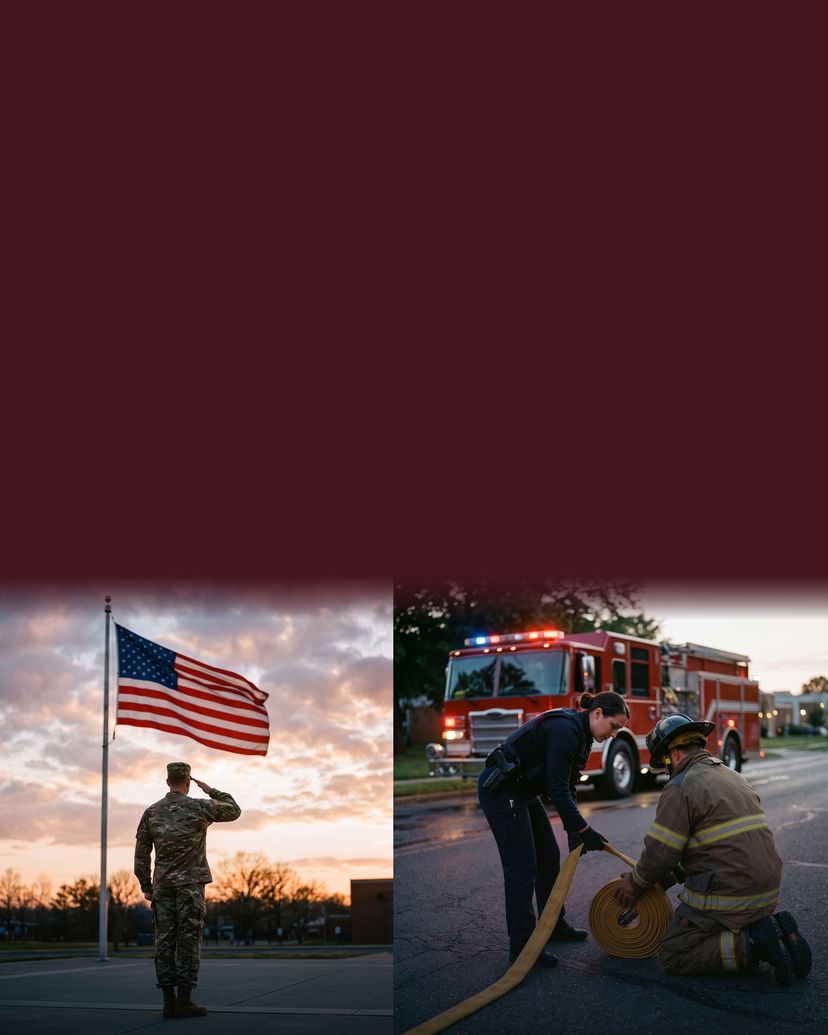 A service member saluting the American flag at sunset, beside a police officer and a firefighter rolling a hose by a fire engine.